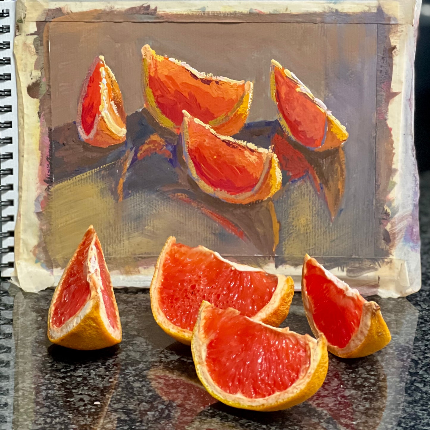 Gouache Painting - Grapefruit slices on black