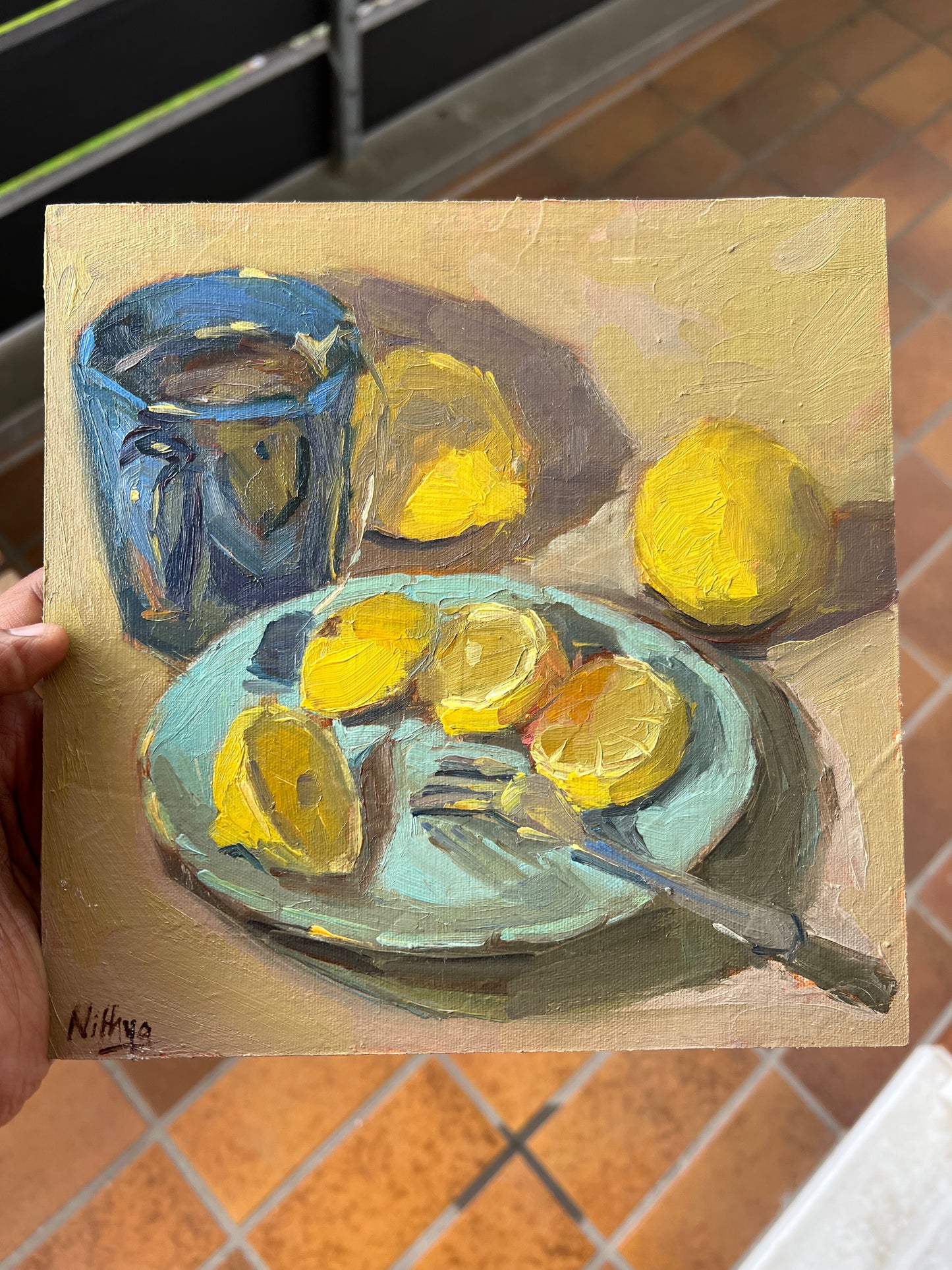 Lemon slices with tea! - Small oil painting, 8 by 8 inches