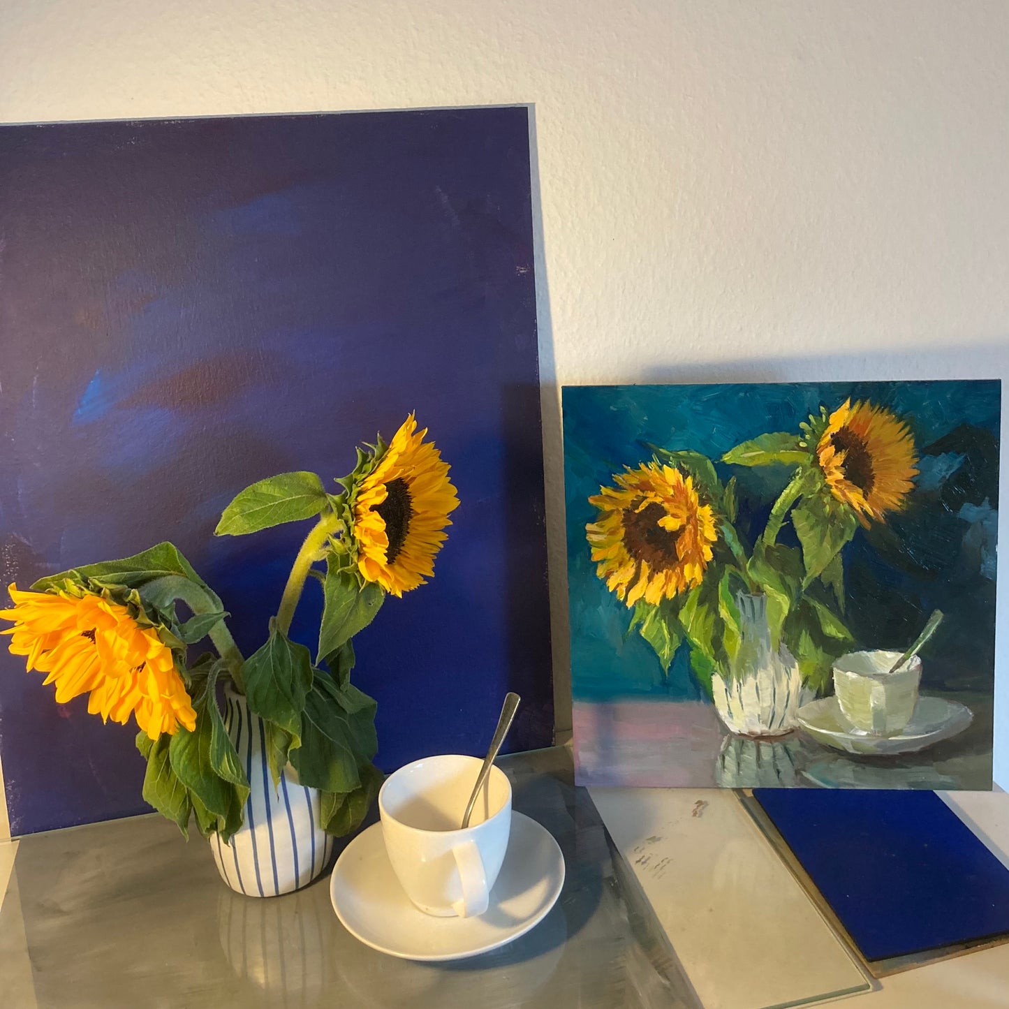Sunflowers on Blue - Original Still Life Oil Painting, 12 by 12 inches