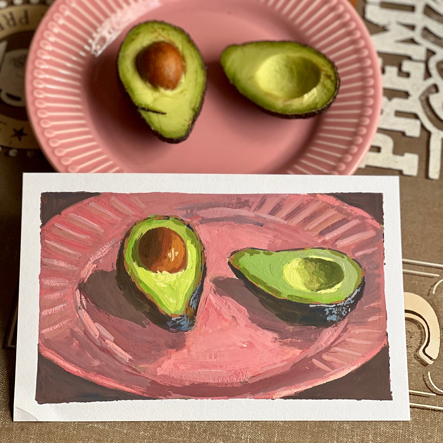 Gouache Painting: Avocado halves on Pink