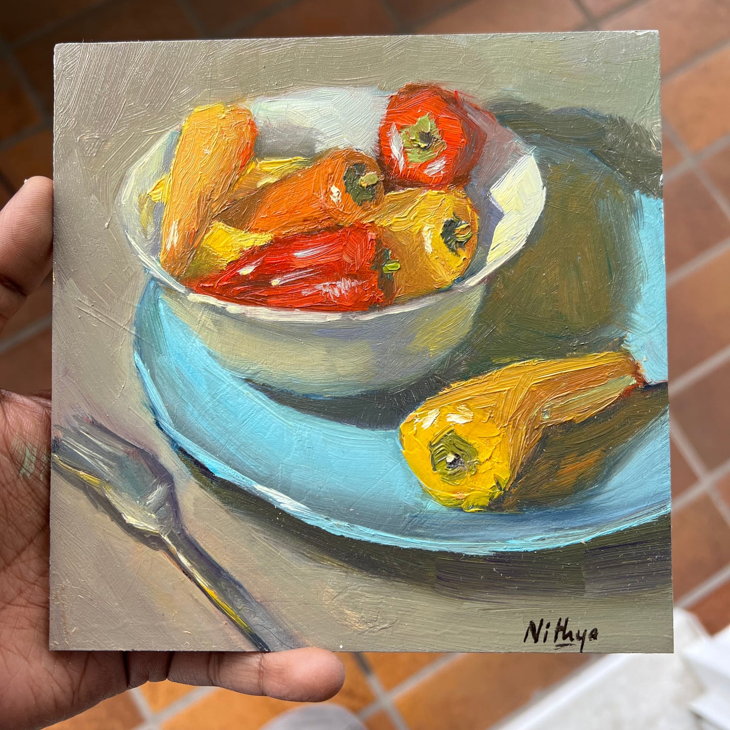 Small Painting - Red and Yellow Peppers in a Bowl