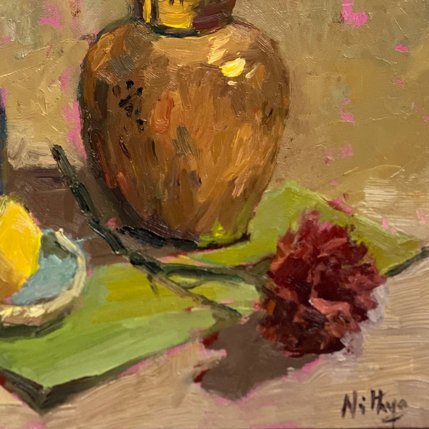 Flowers in a Brass jar with lemons - still life oil painting