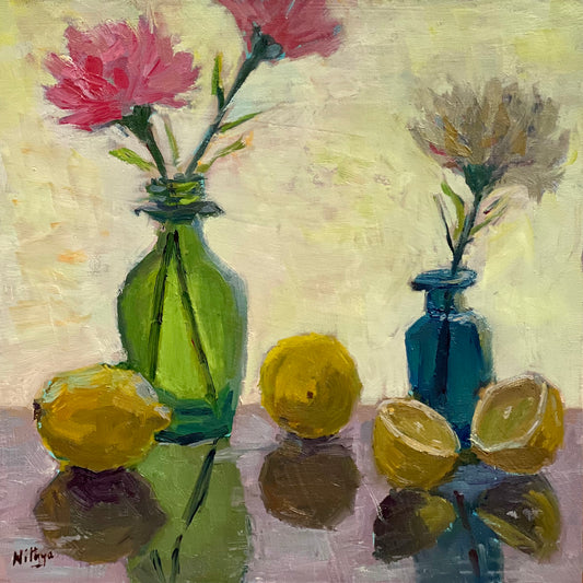Colored bottles and lemons and reflections - still life oil painting