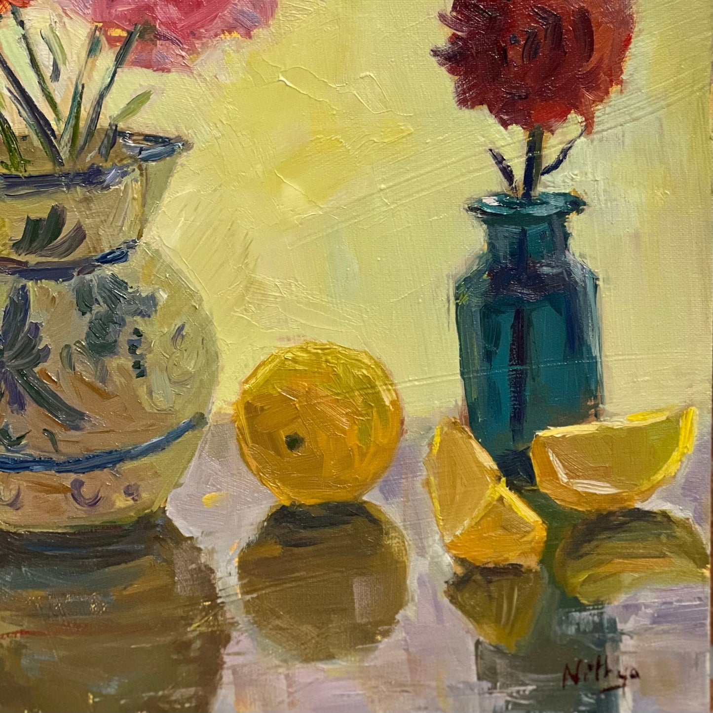 Flowers against the light with lemons and reflections - still life oil painting