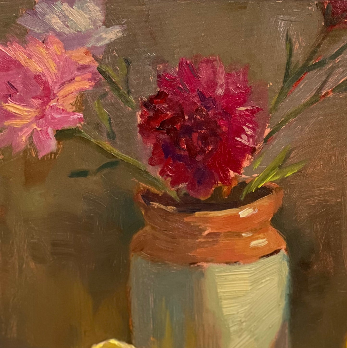 Sunlit jar of flowers and lemons - still life oil painting