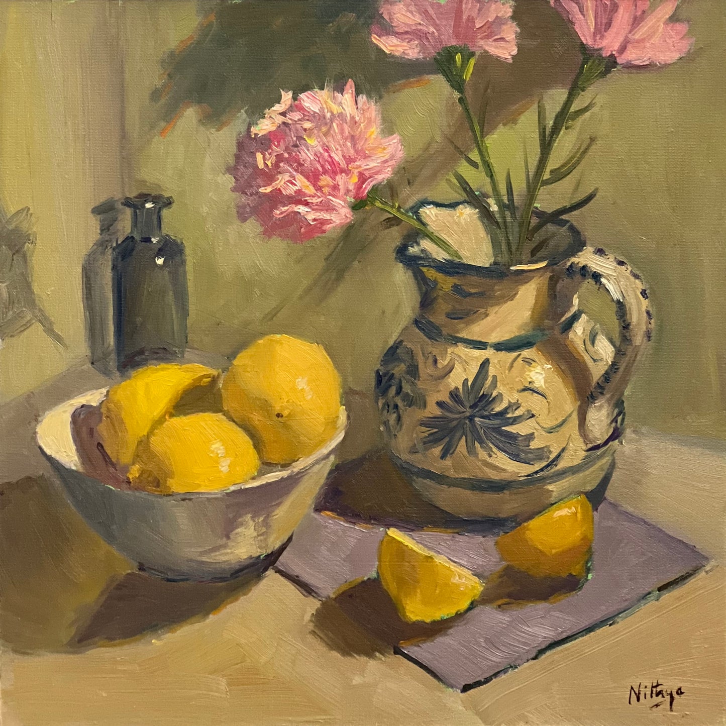 Glowing bowl of lemons and flowers - still life oil painting