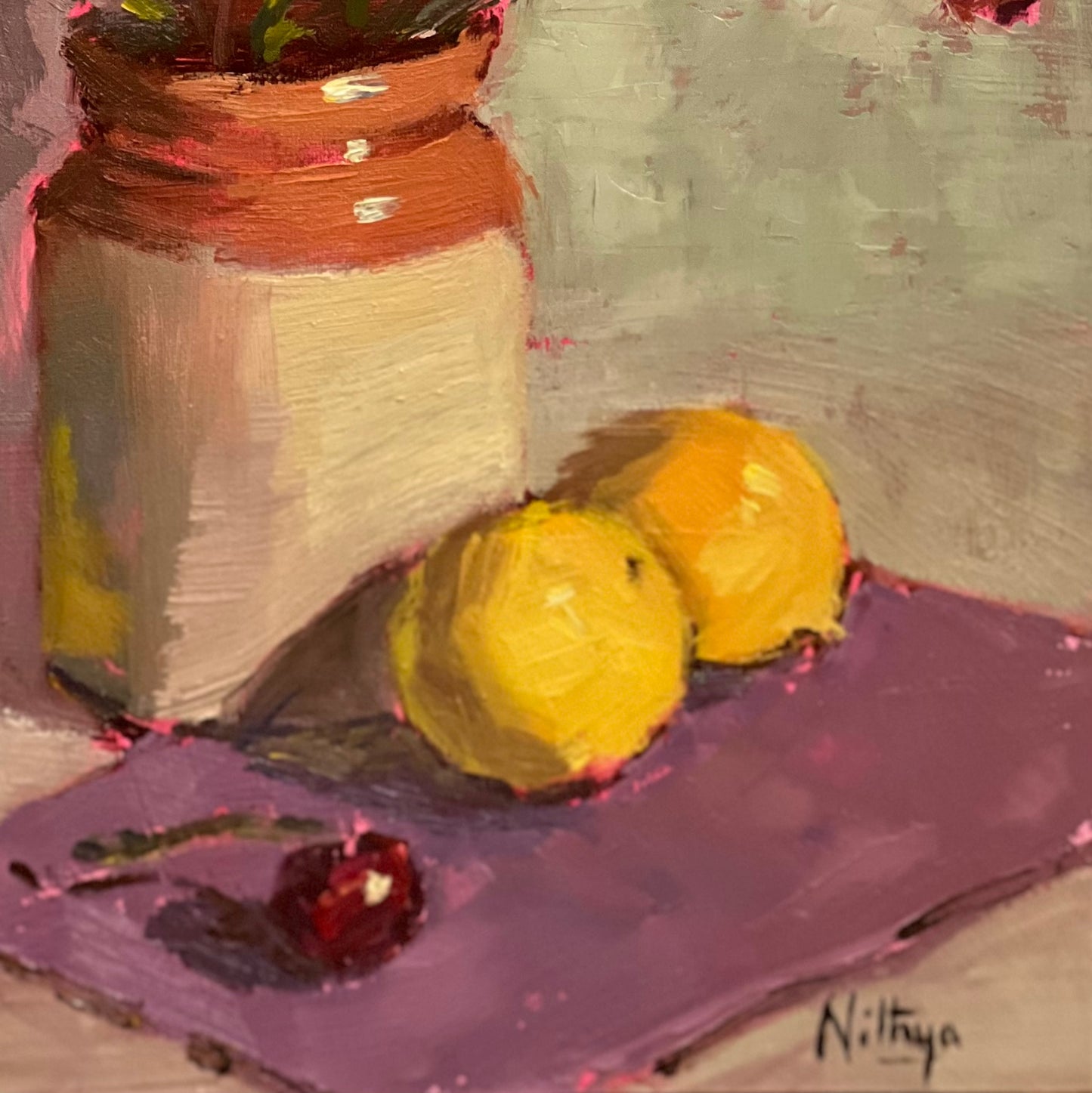 Lemons and Pink Flowers in a jar