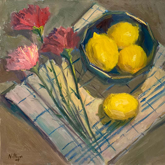 Lemons in a Blue Bowl and flowers - Still Life Oil Painting