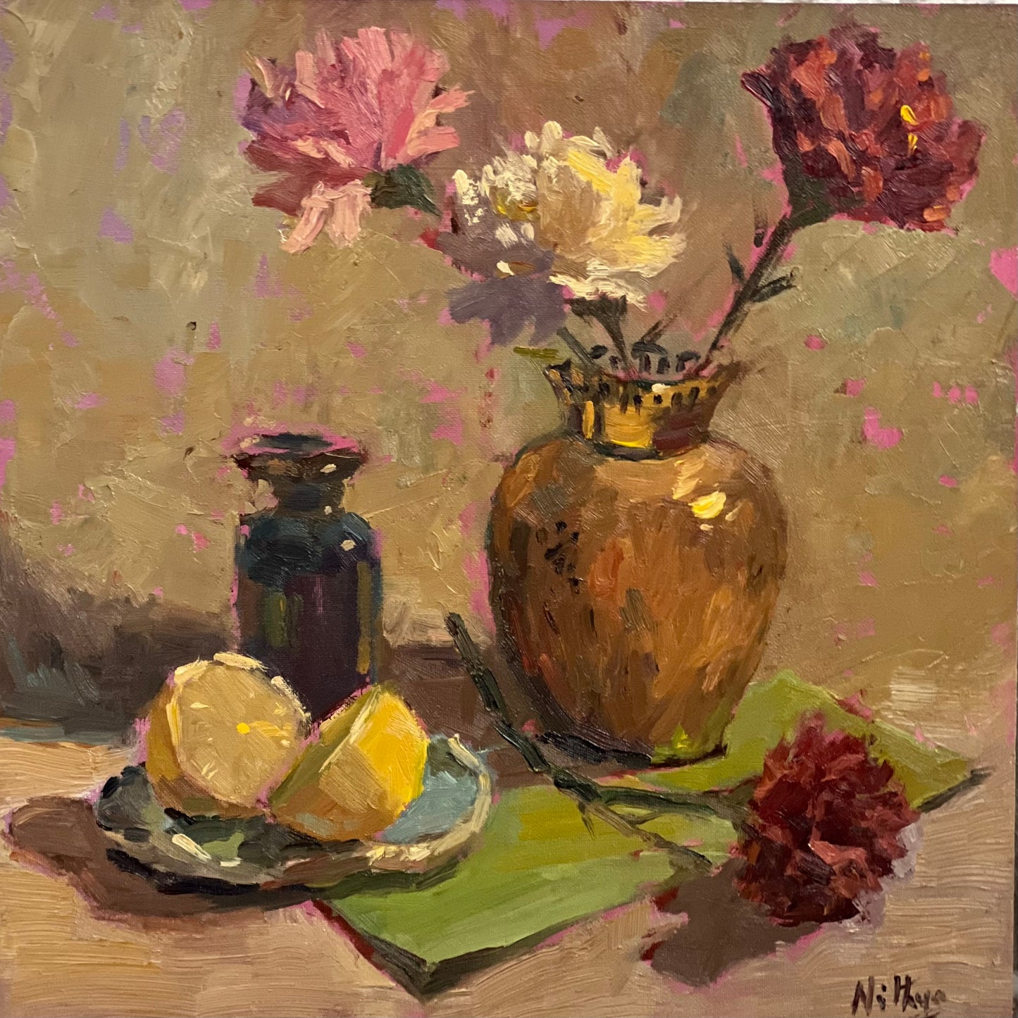 Flowers in a Brass jar with lemons - still life oil painting