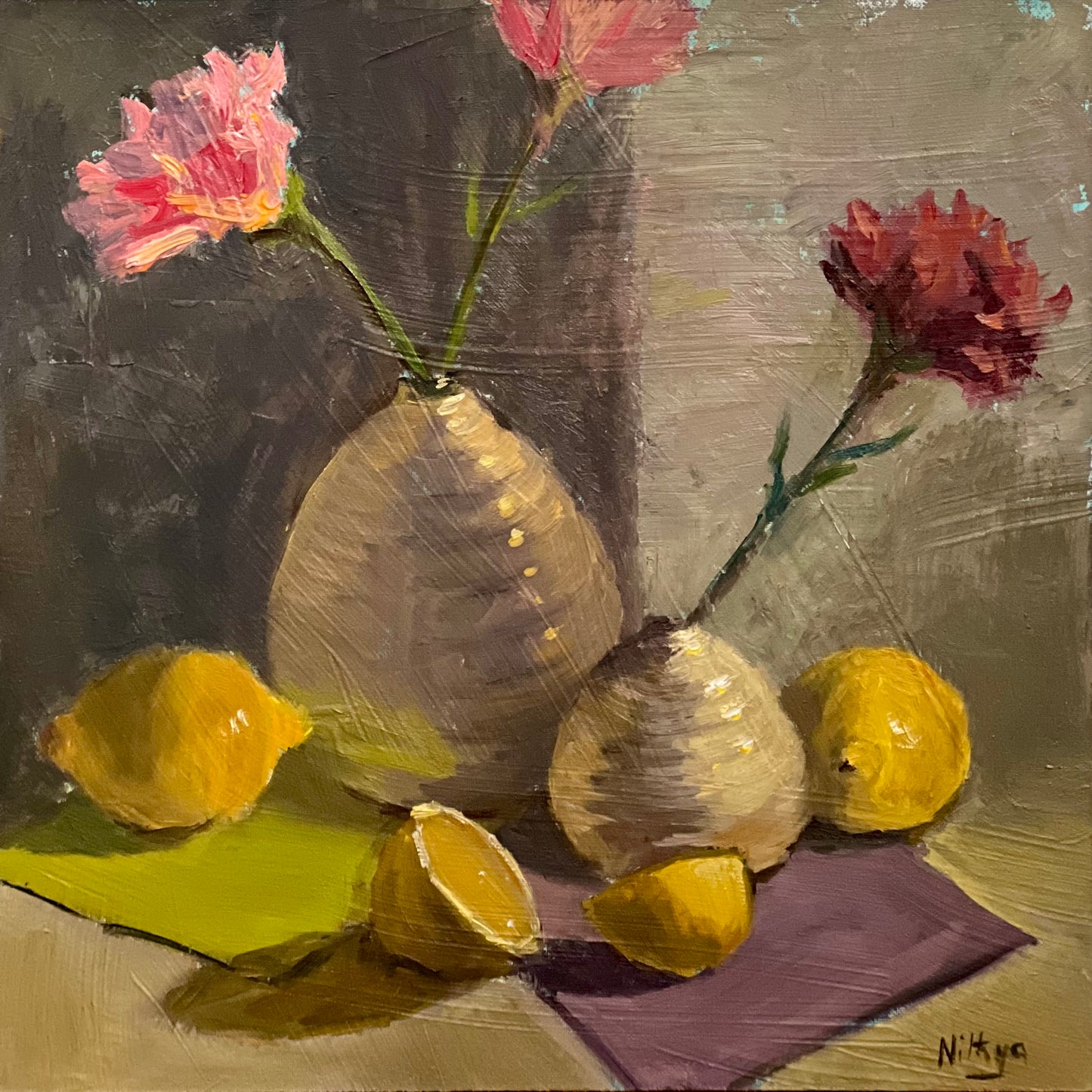 Two white vases and Lemons - Still Life Oil Painting
