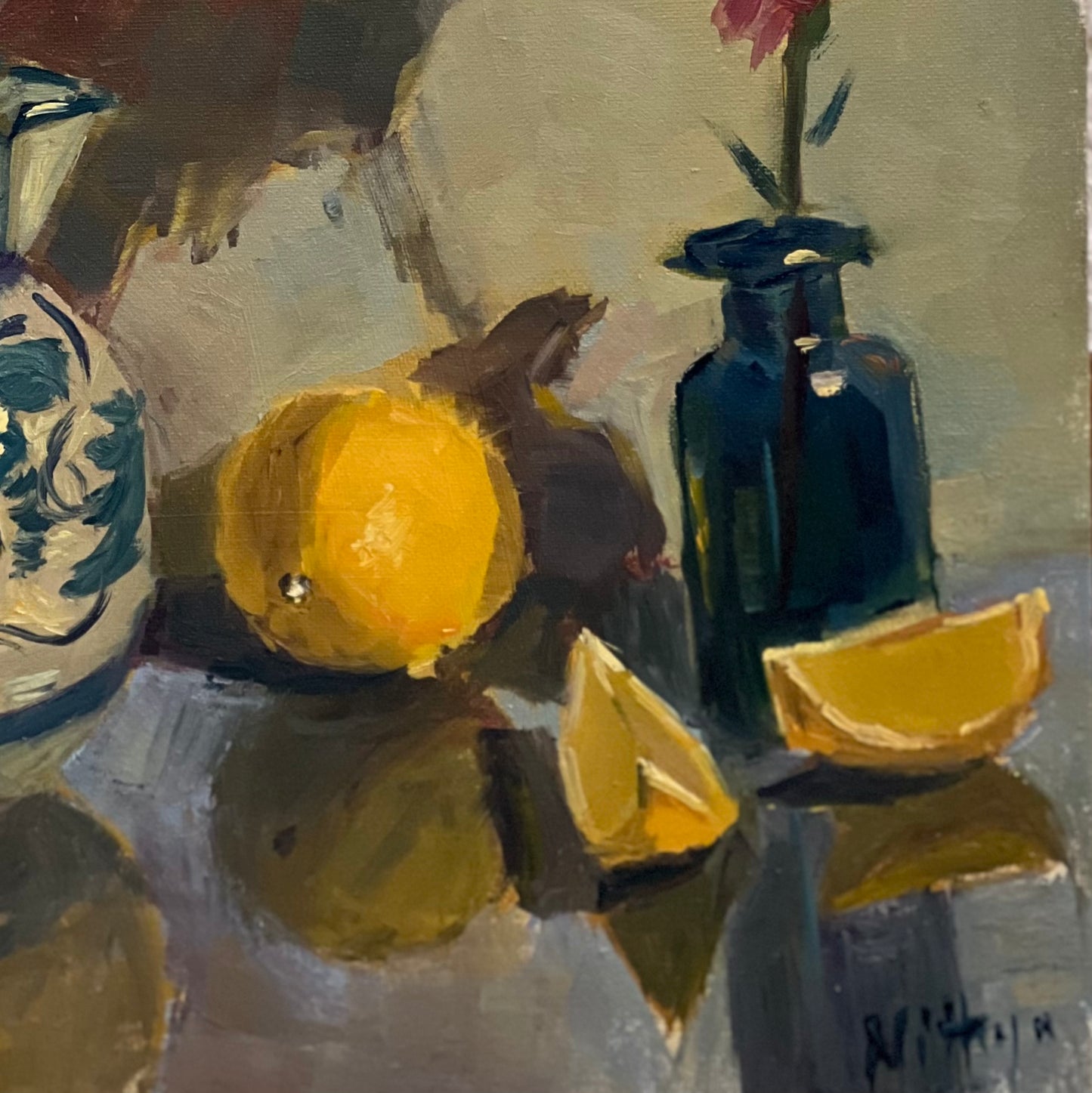 Lemons and Flowers at night - still life oil painting