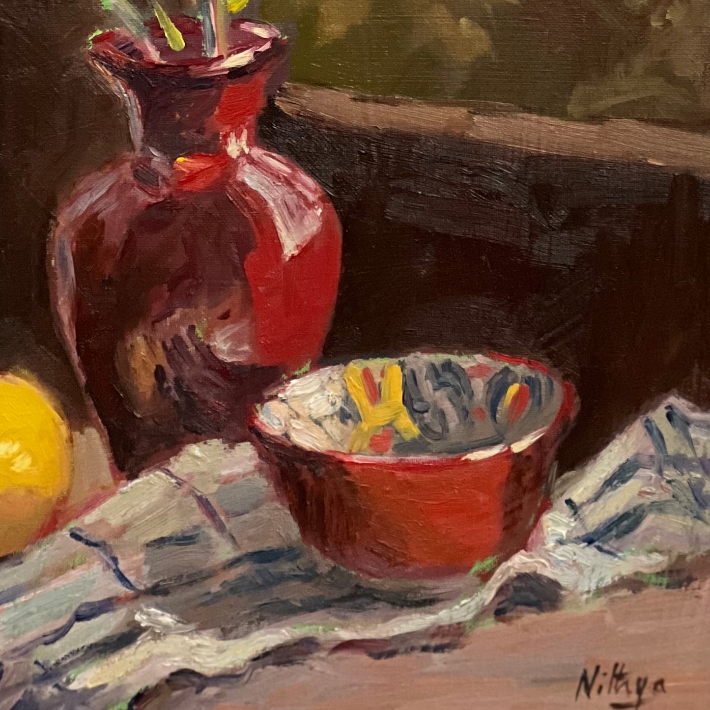 Lemons with Red by the window - still life oil painting