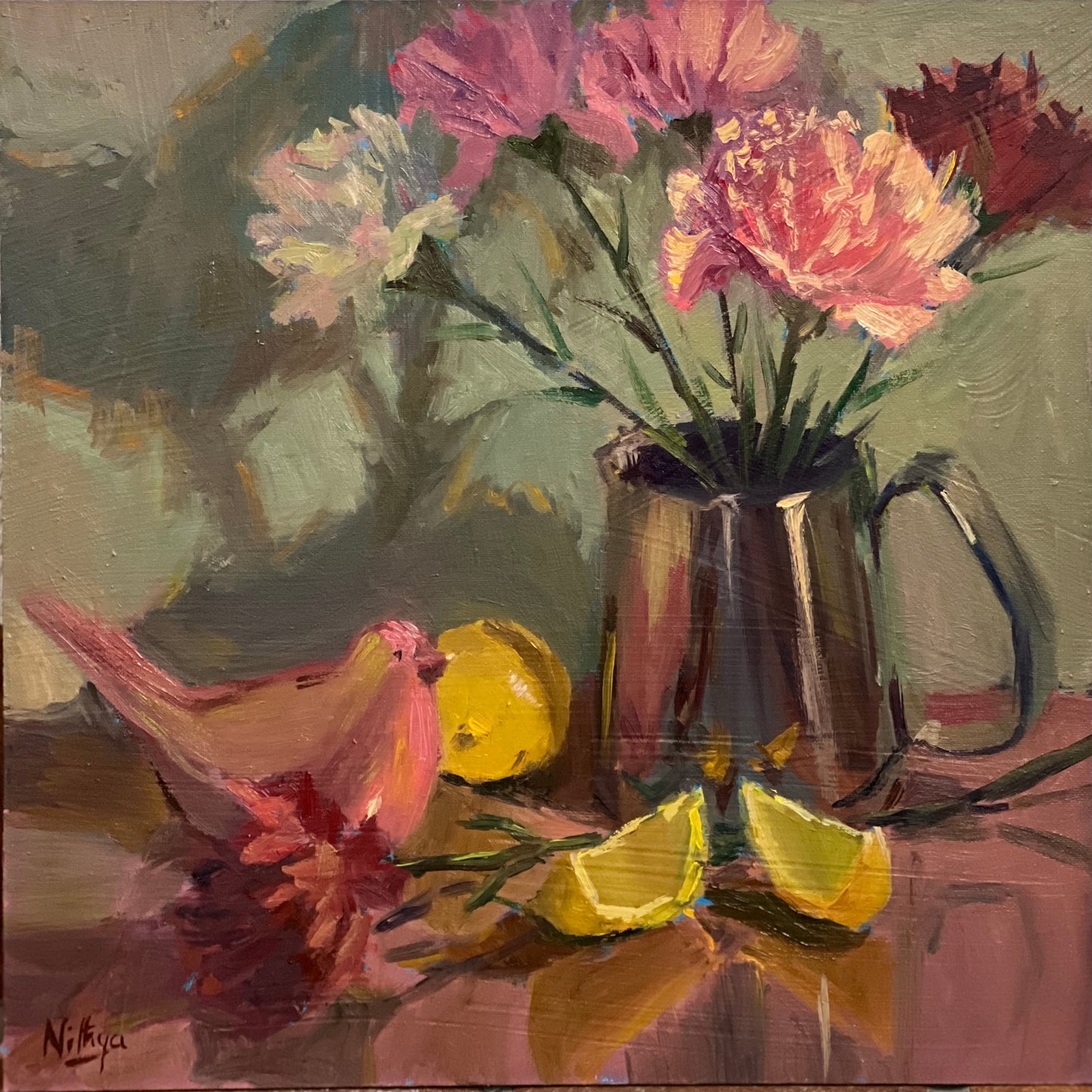 Pink reflections wth lemons - still life oil painting