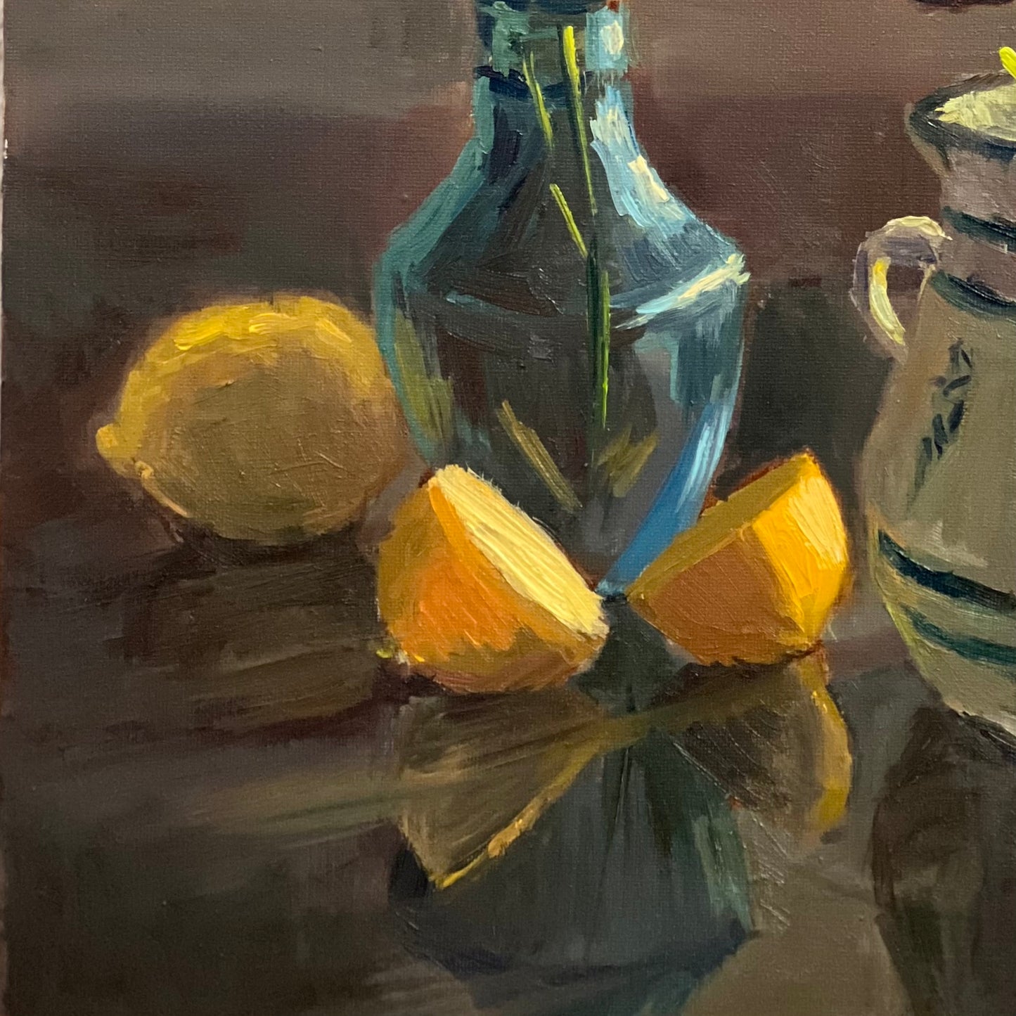Backlit Lemons and Blue Jars in the kitchen - Still Life Oil Painting