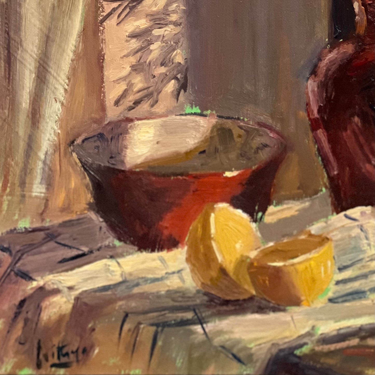 Lemons with Red in the morning sun - still life oil painting