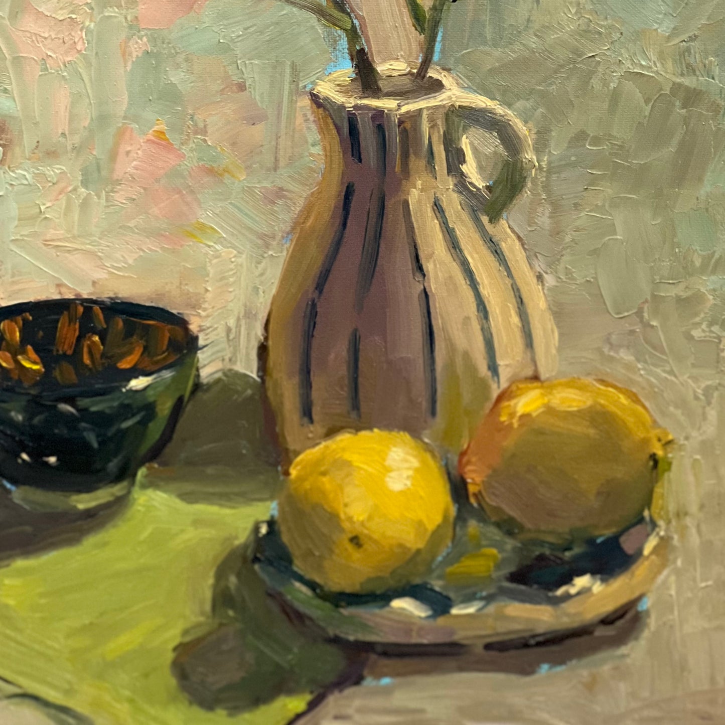 Backlit Lemons with striped jar - still life oil painting