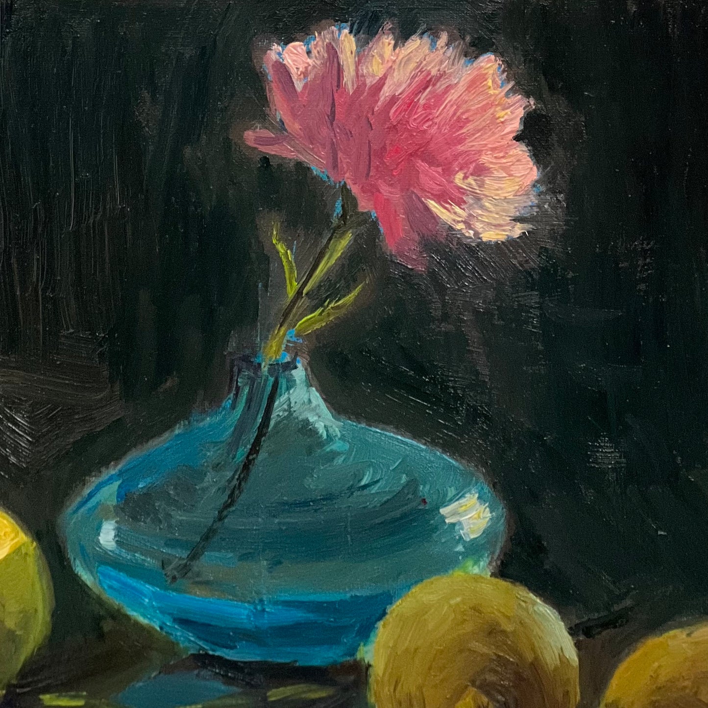 Blue, Pink and Yellow in Backlight - Still Life Oil Painting