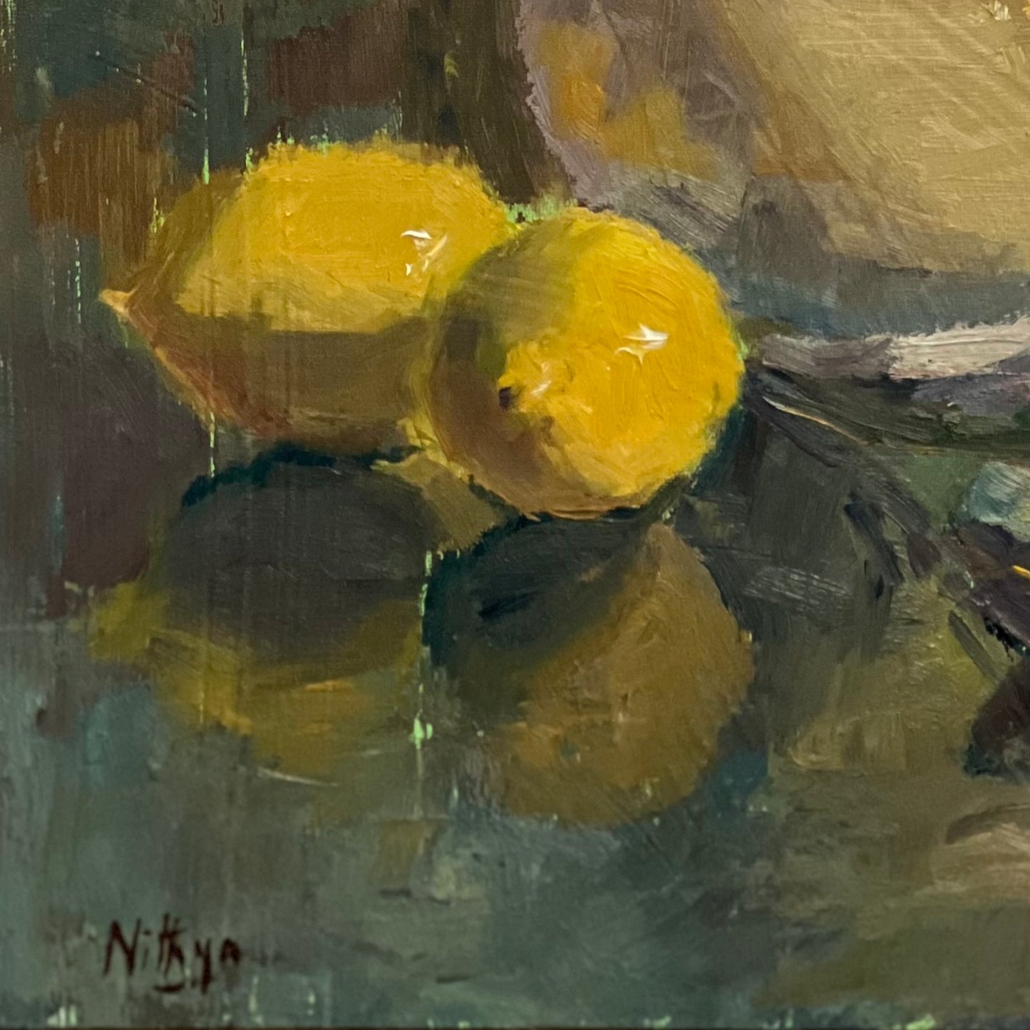 Pink and yellow with reflections - still life oil painting