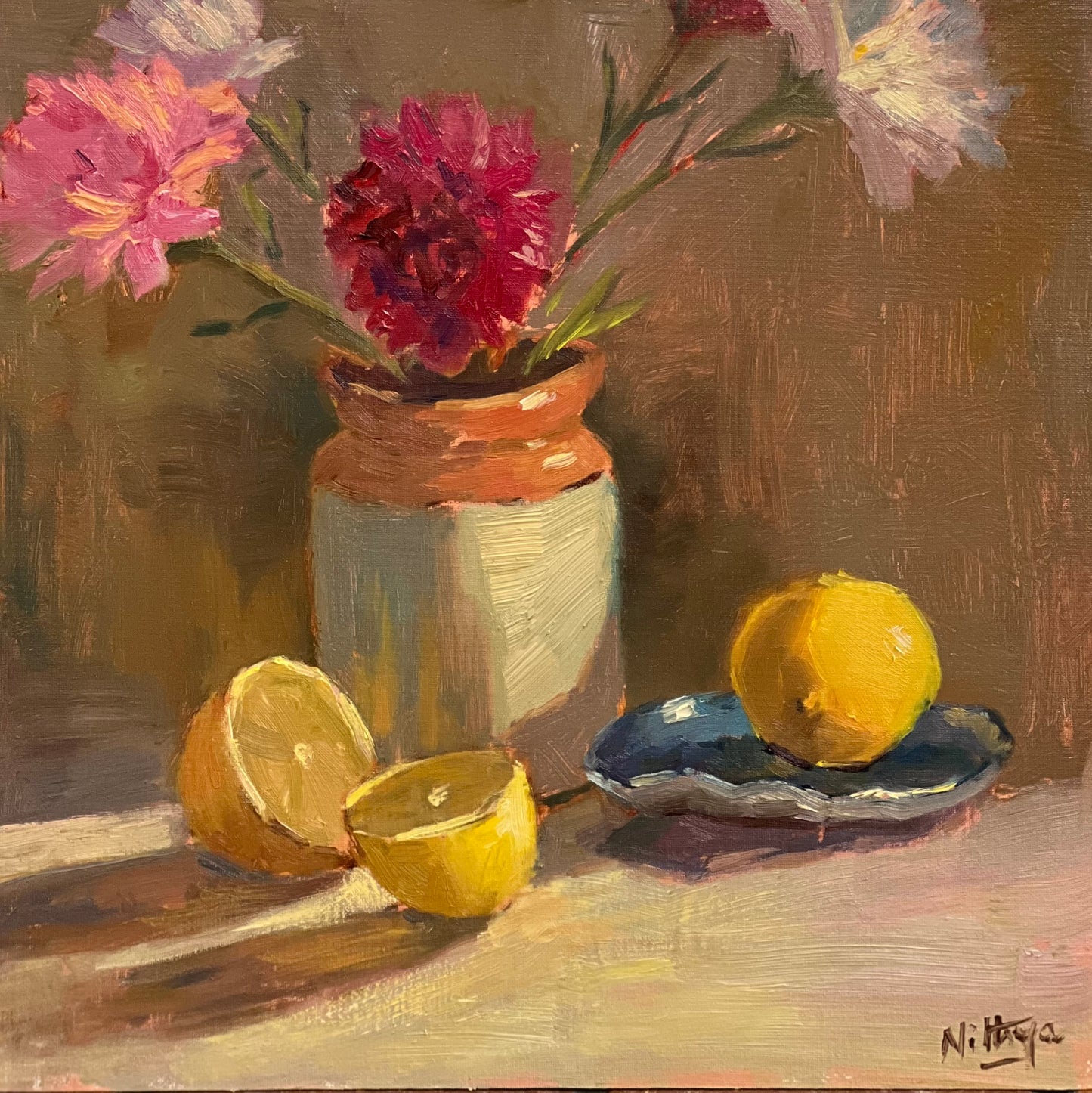 Sunlit jar of flowers and lemons - still life oil painting