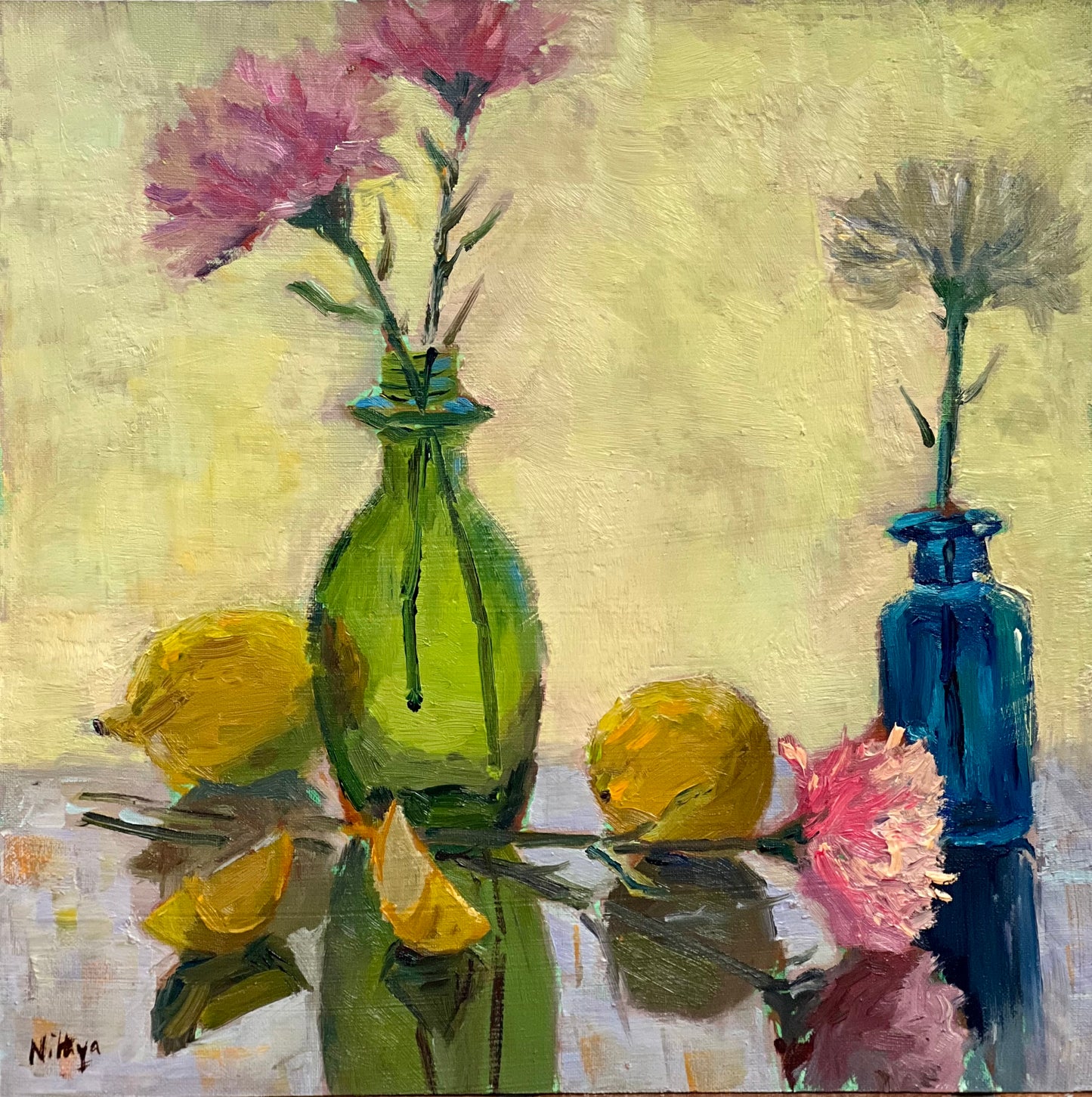 Colored bottles and lemons by the window - still life oil painting