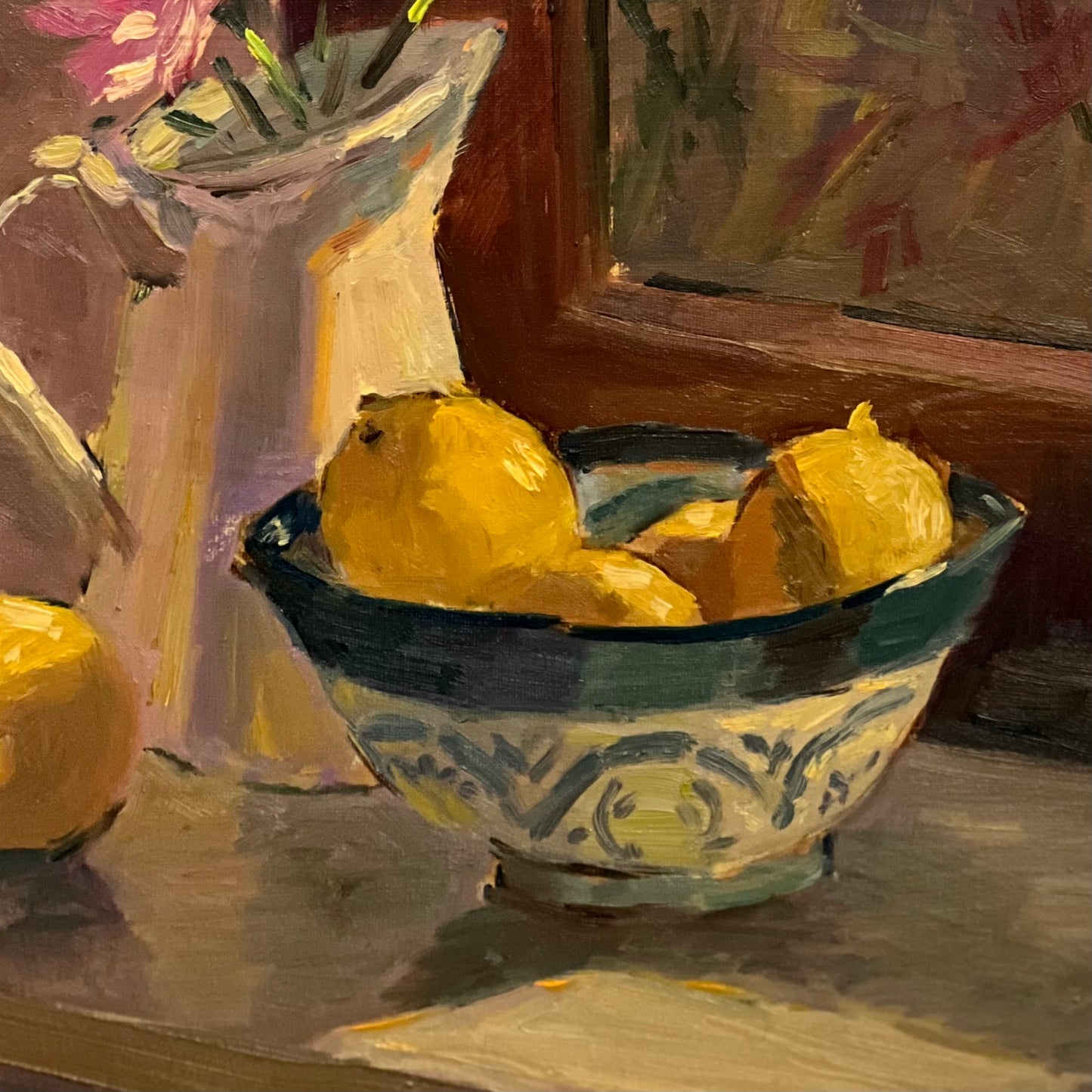Sunkissed lemons and pink by the window - still life oil painting