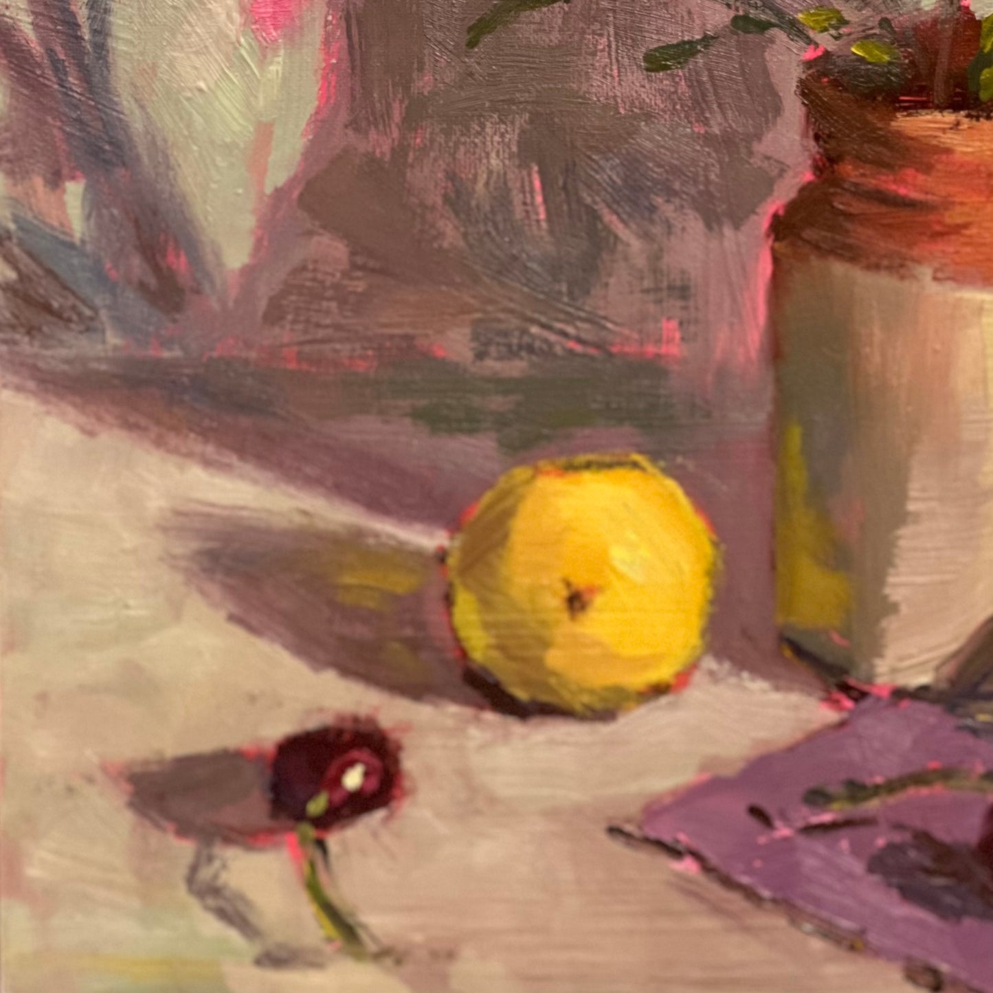 Lemons and Pink Flowers in a jar