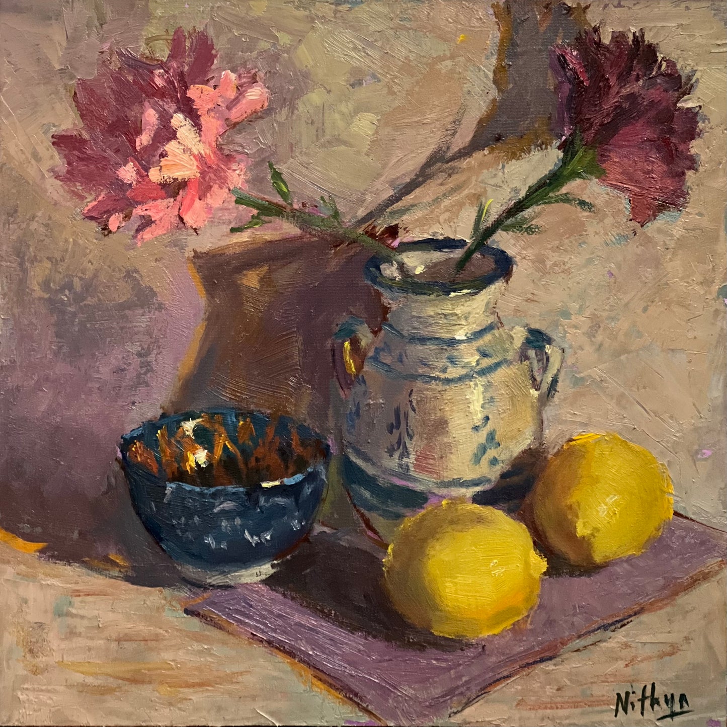 Dramatic lemons in the night - still life oil painting