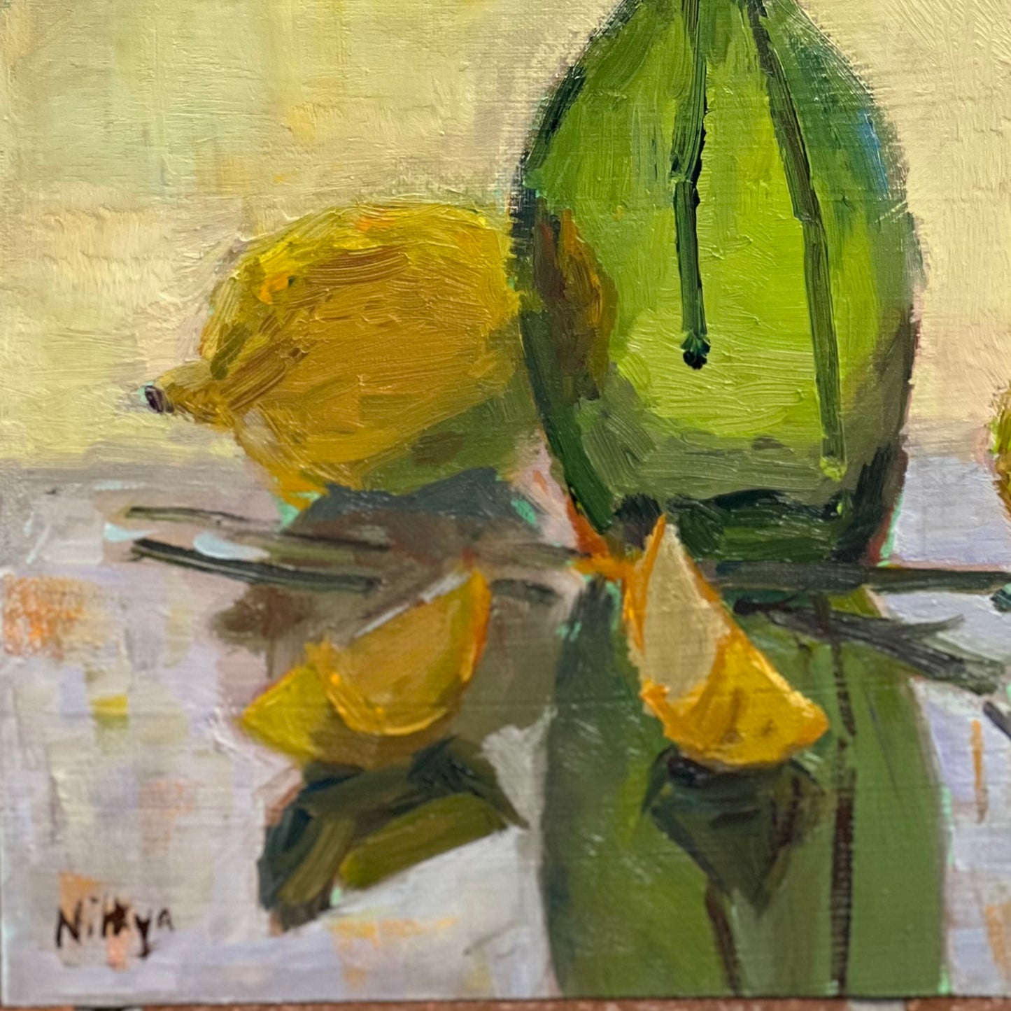 Colored bottles and lemons by the window - still life oil painting