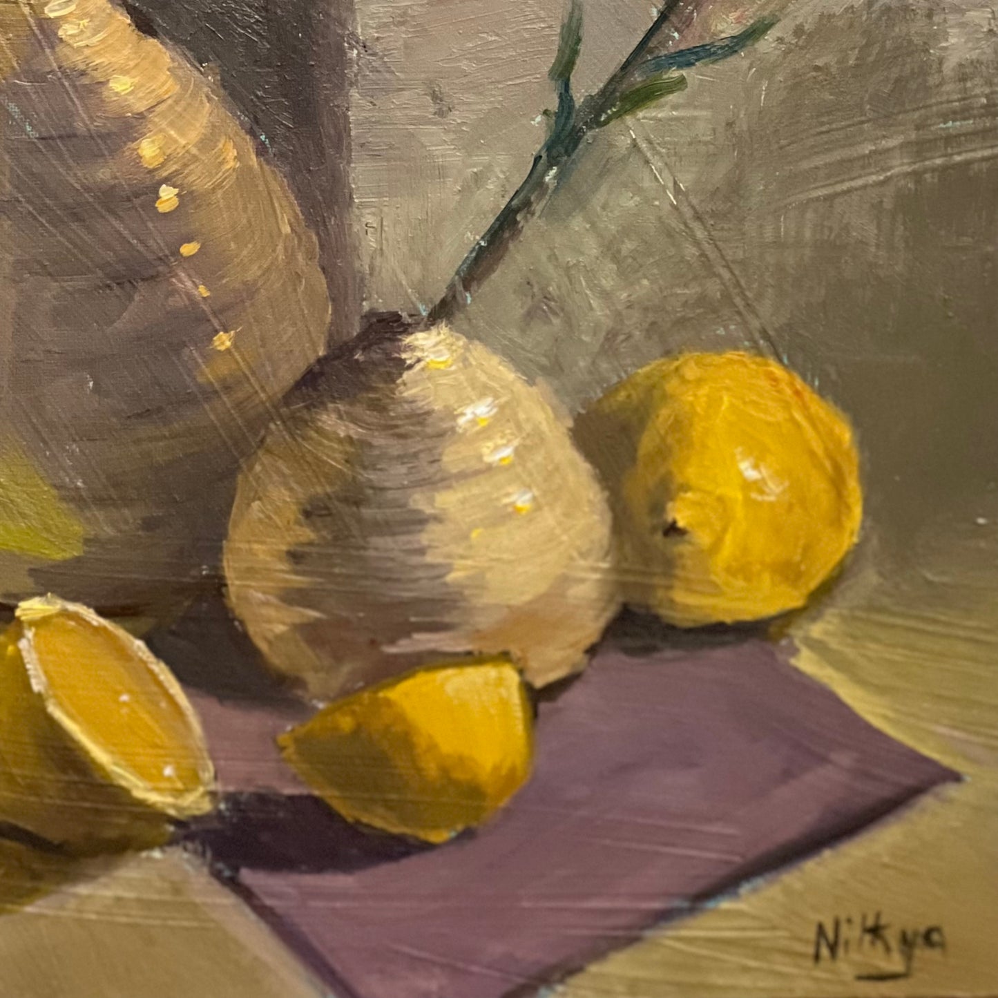 Two white vases and Lemons - Still Life Oil Painting