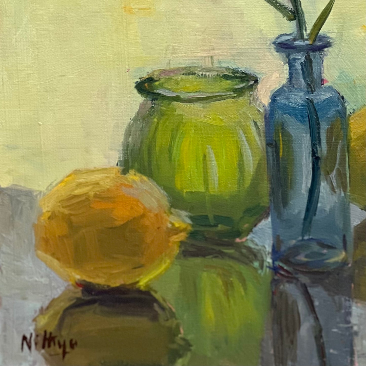 Red bottle and lemons by the window - still life oil painting
