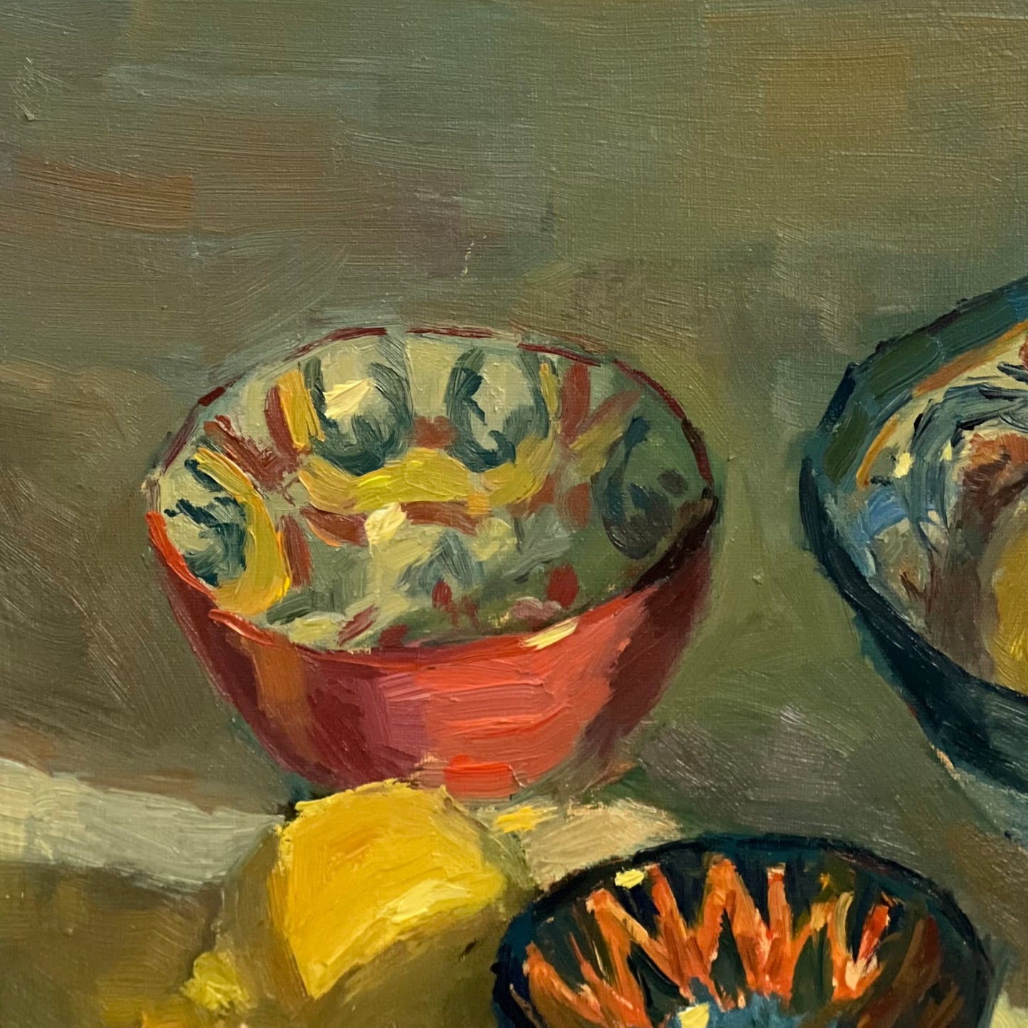 Three bowls and lemons - still life oil painting