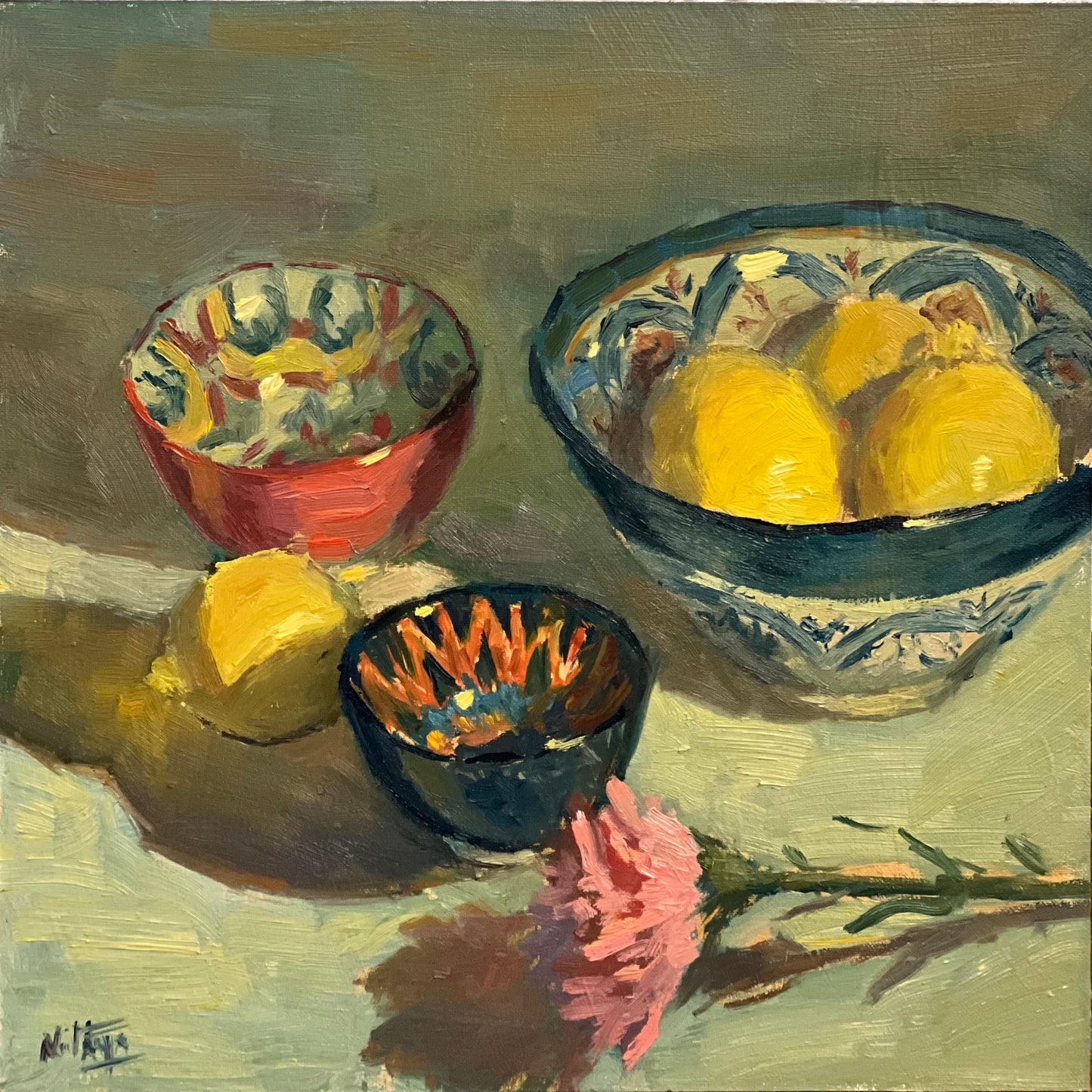 Three bowls and lemons - still life oil painting