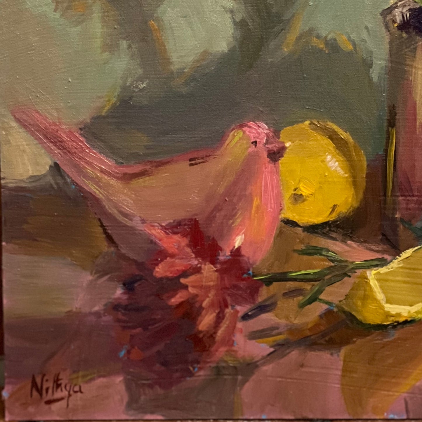 Pink reflections wth lemons - still life oil painting