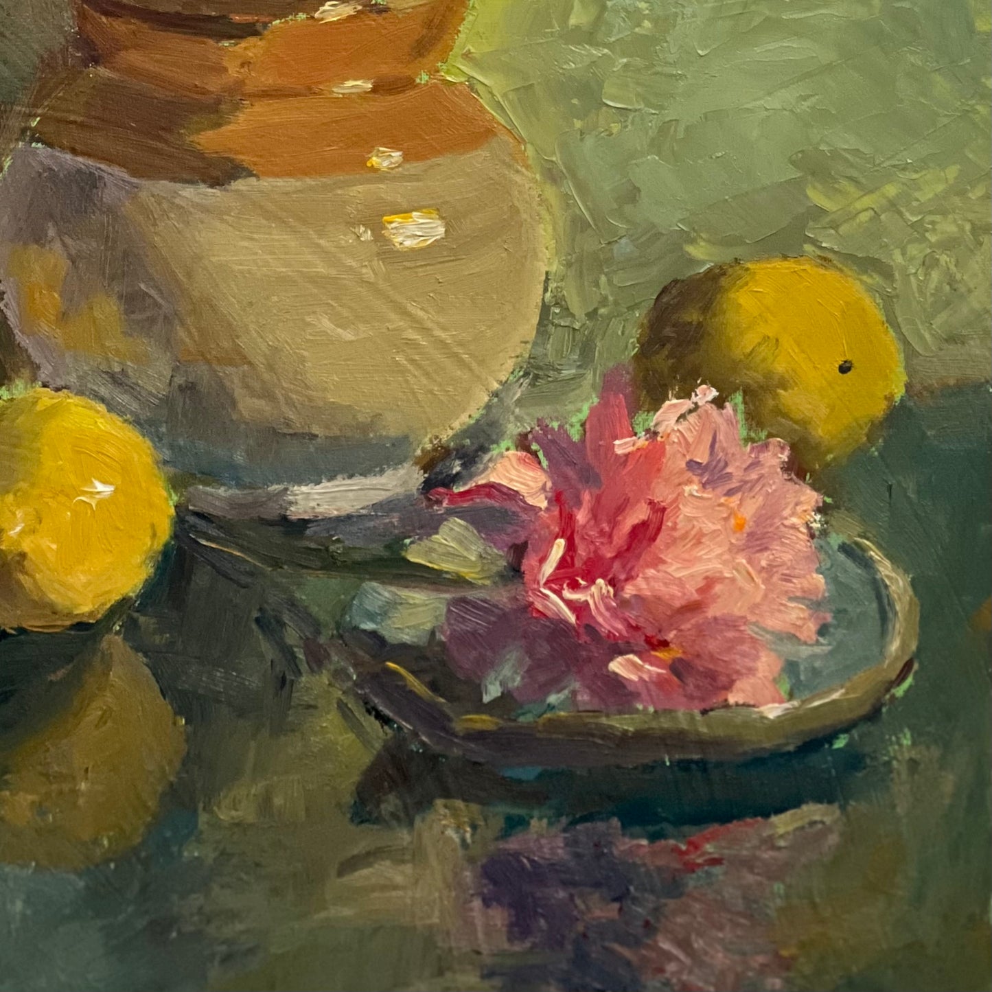 Pink and yellow with reflections - still life oil painting