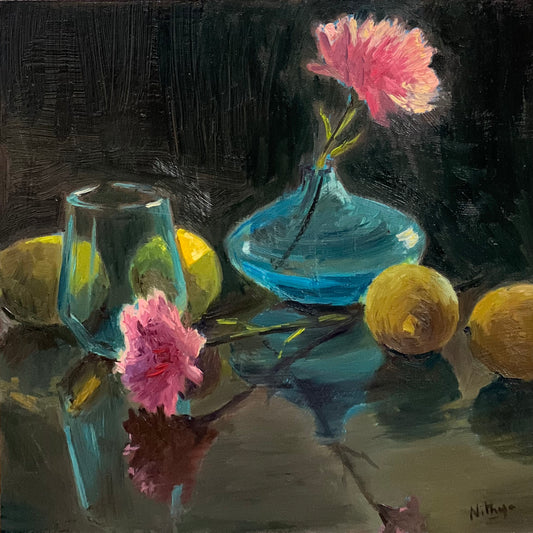 Blue, Pink and Yellow in Backlight - Still Life Oil Painting