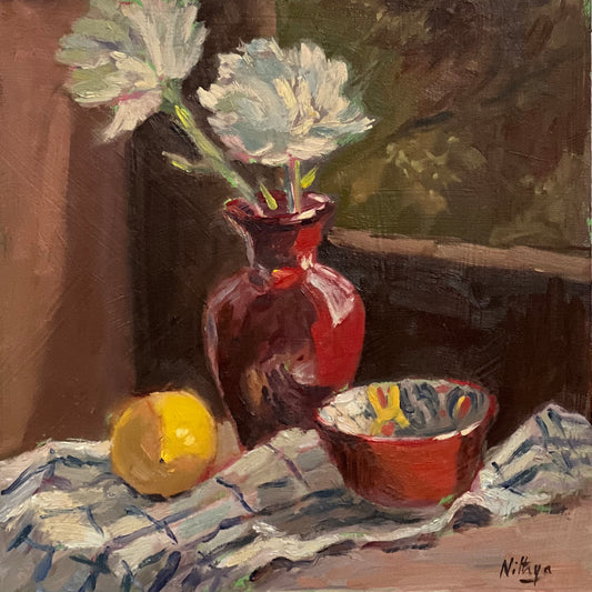 Lemons with Red by the window - still life oil painting