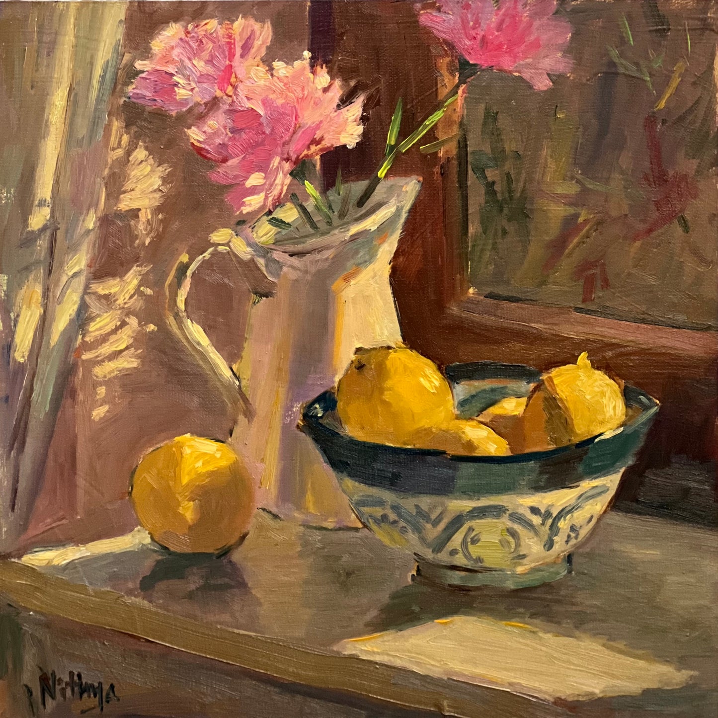 Sunkissed lemons and pink by the window - still life oil painting