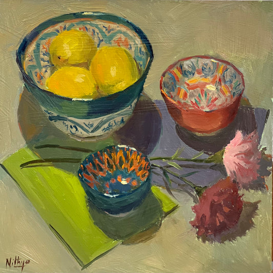 Birds Eye view of bowls and lemons - Still Life Oil Painting