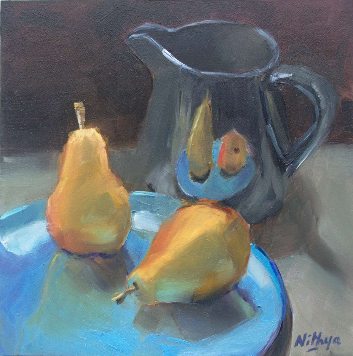 Small Oil Painting - Pears and Black Jar