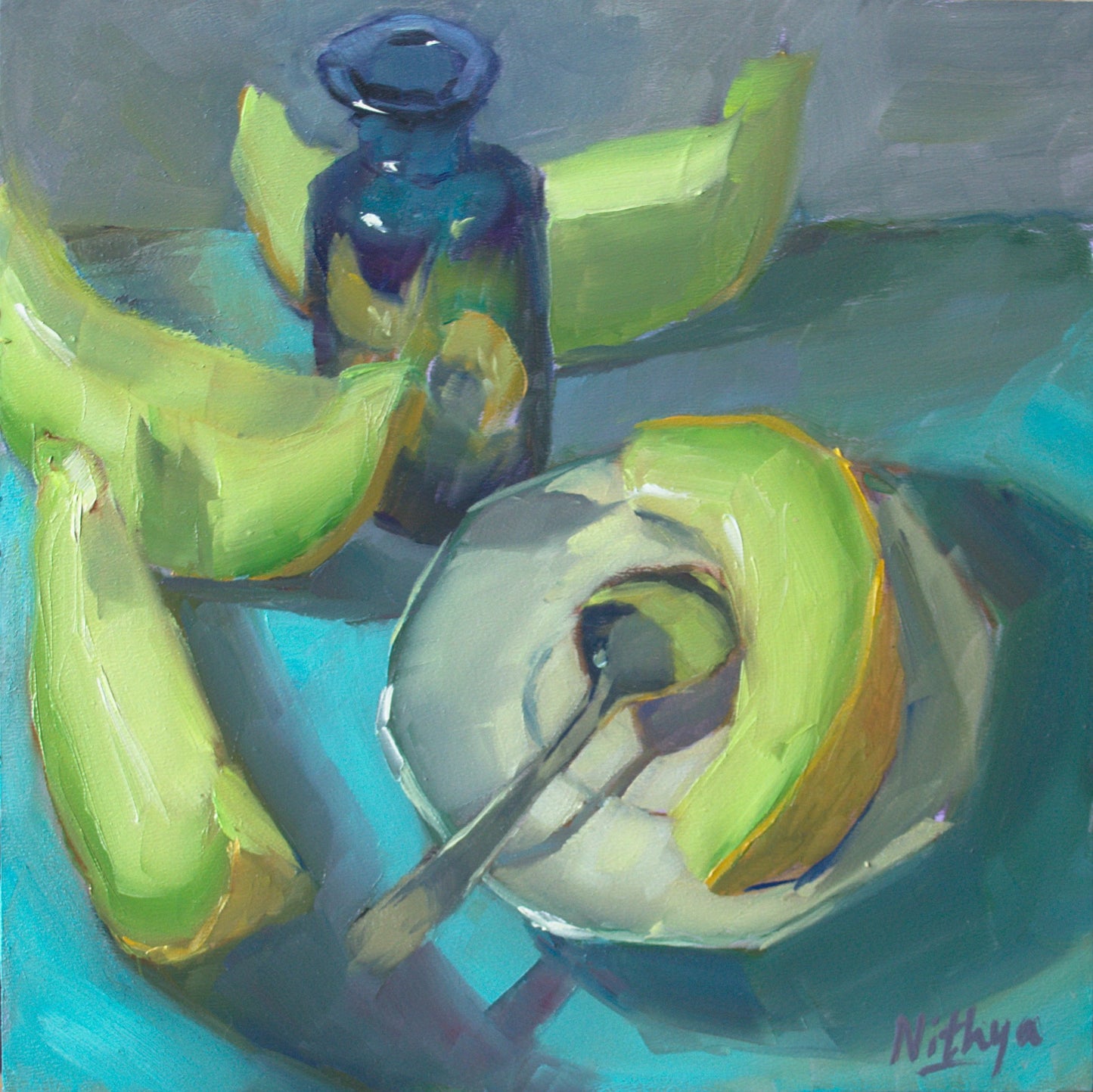 Small Oil Painting - Melons on Blue
