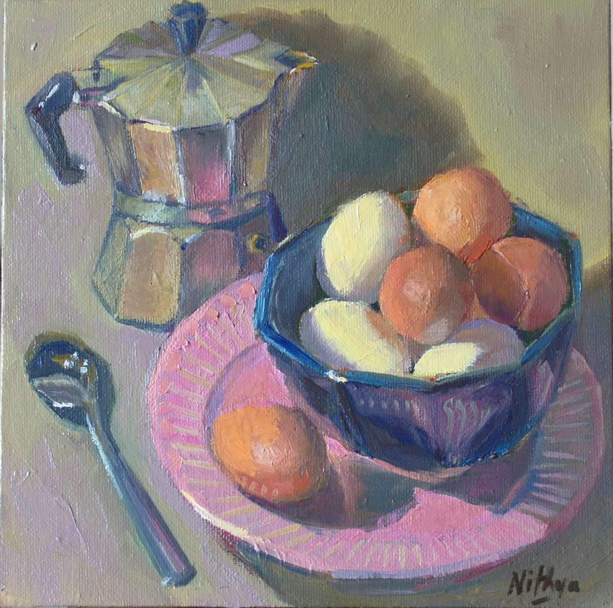 Origial Oil Painting - Eggs and Coffee