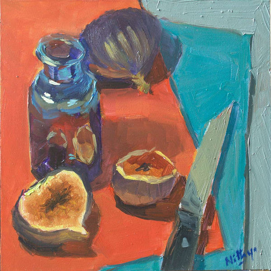 Small Oil Painting - Figs on Red and Blue