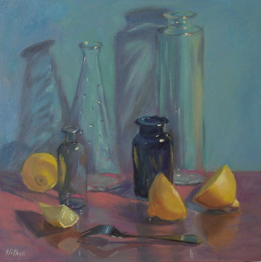 Citrus reflections on pink - Large oil painting