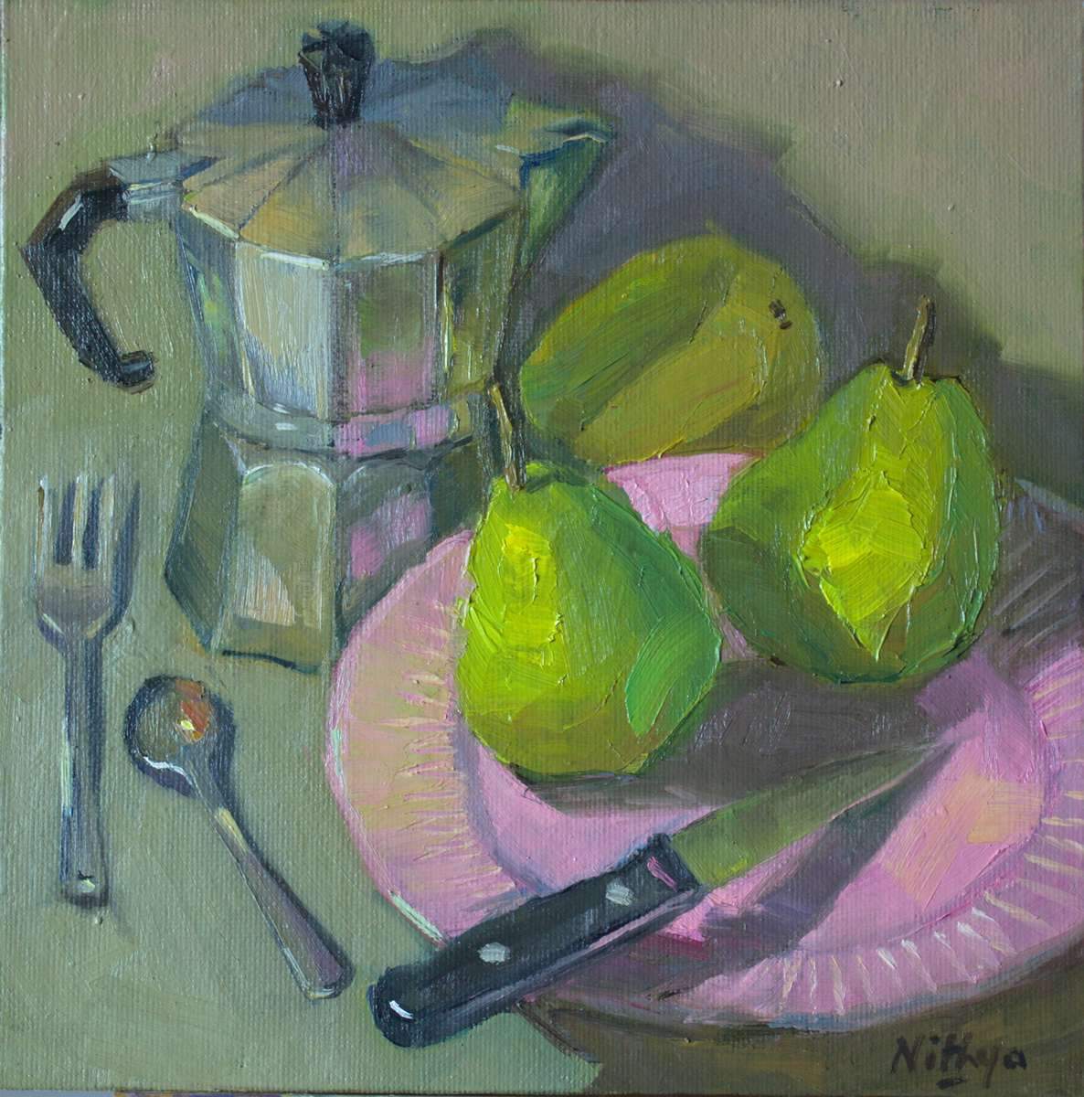Origial Oil Painting - Pears on Pink