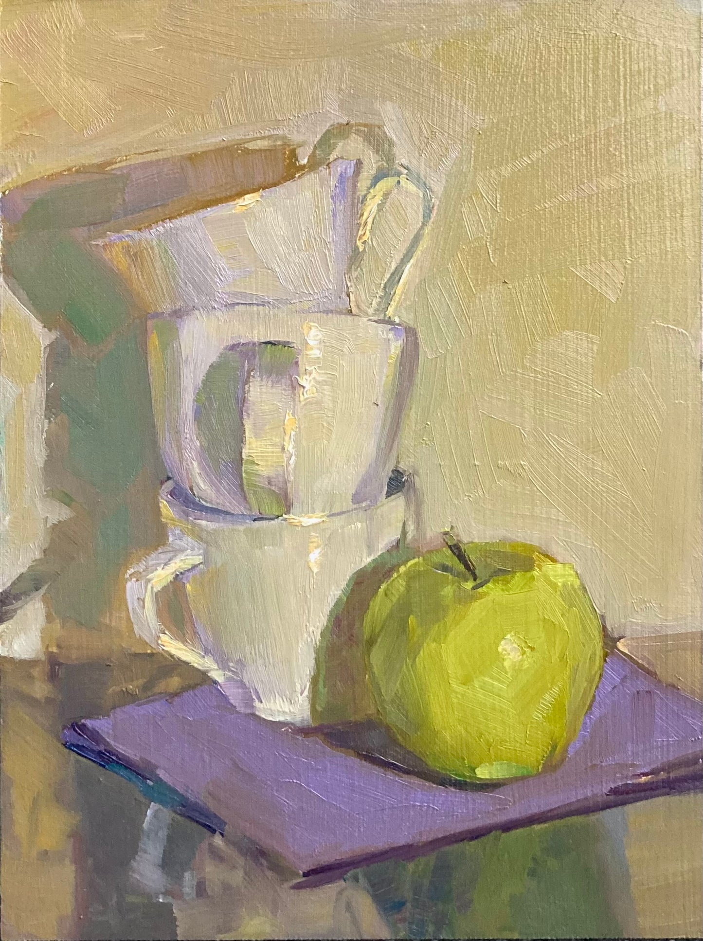 Green Apple and cups - Small Original Oil Painting
