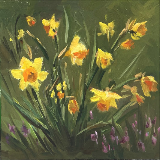 Daffodils on my sidewalk - small oil painting
