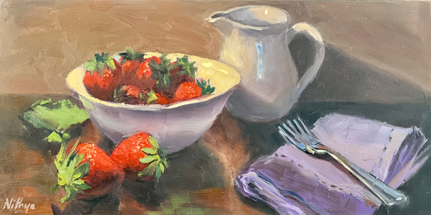 Still Life oil painting - Strawberries and Cream!