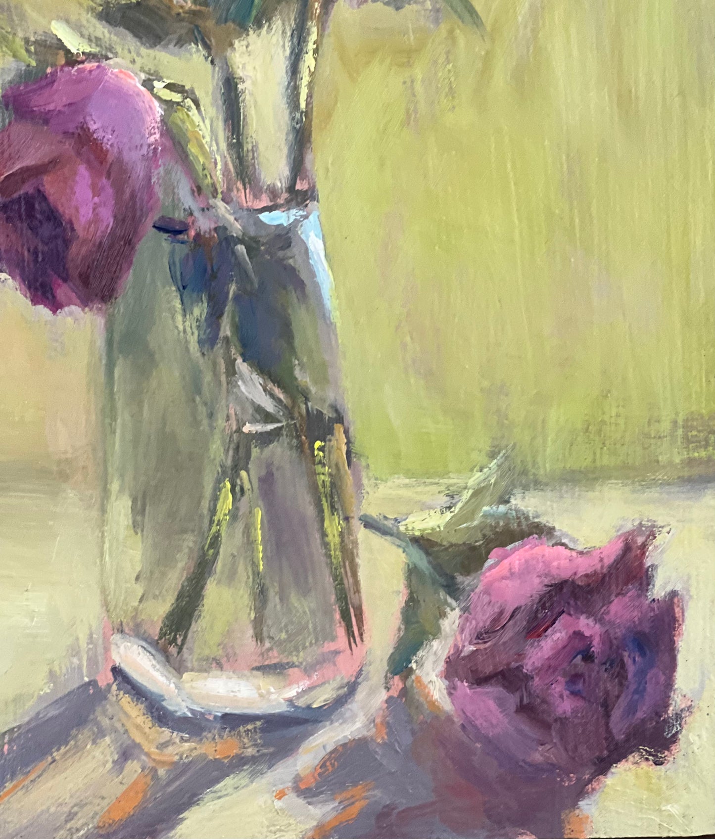 Oil Painting of Roses - Pink wilting roses by the window