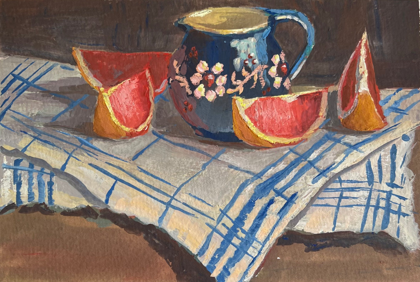 Gouache Painting - Grapefruit Slices with a ceramic jug