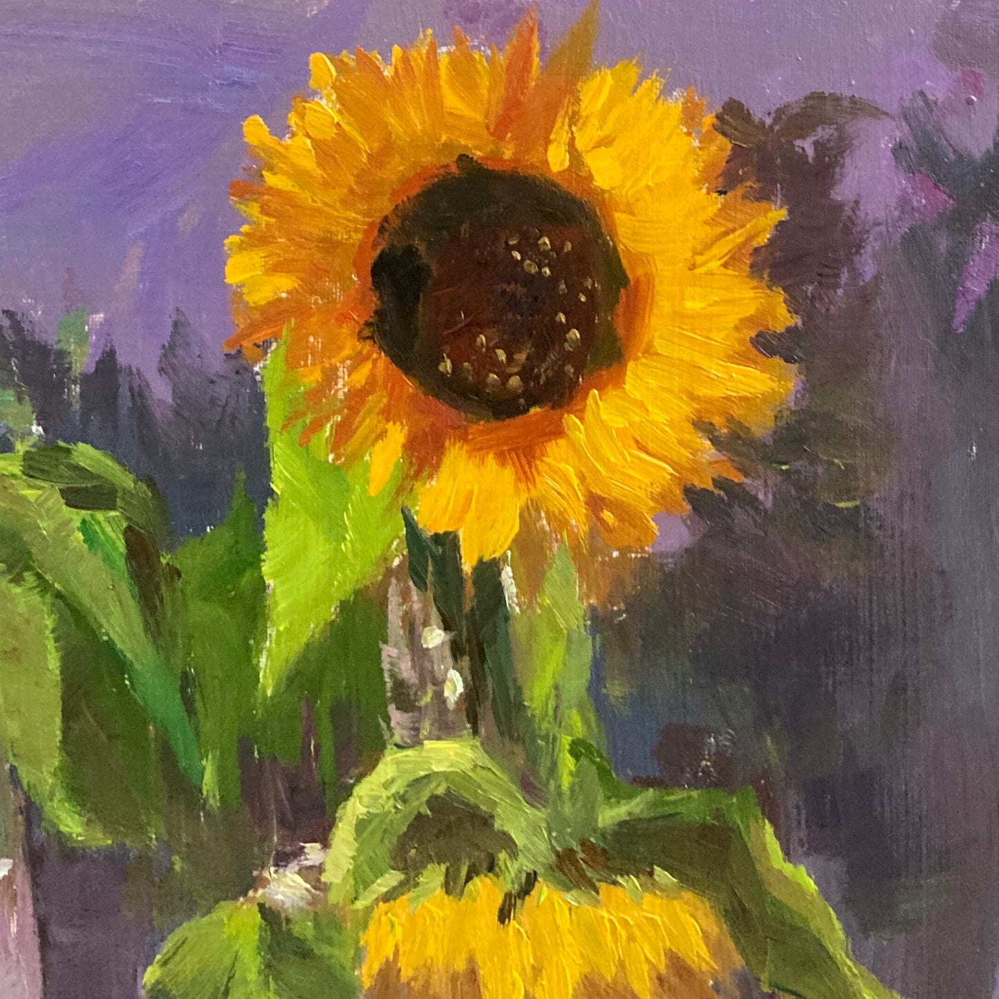 Sunflowers on Purple - Original Still Life Oil Painting, 12 by 12 inches